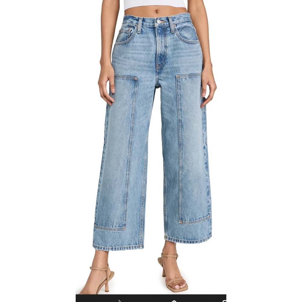 Re/Done The Shortie Blue Wide Leg Carpenter Jeans High Rise Worn Hem SZ 26 32x26